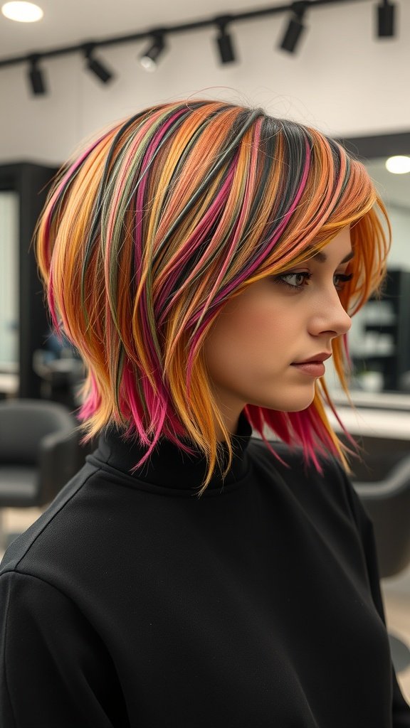 A woman with a vibrant artistic shag hairstyle featuring orange, pink, and black highlights.