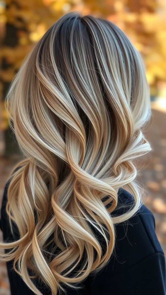 Blonde balayage hairstyle with ashy lowlights and soft waves