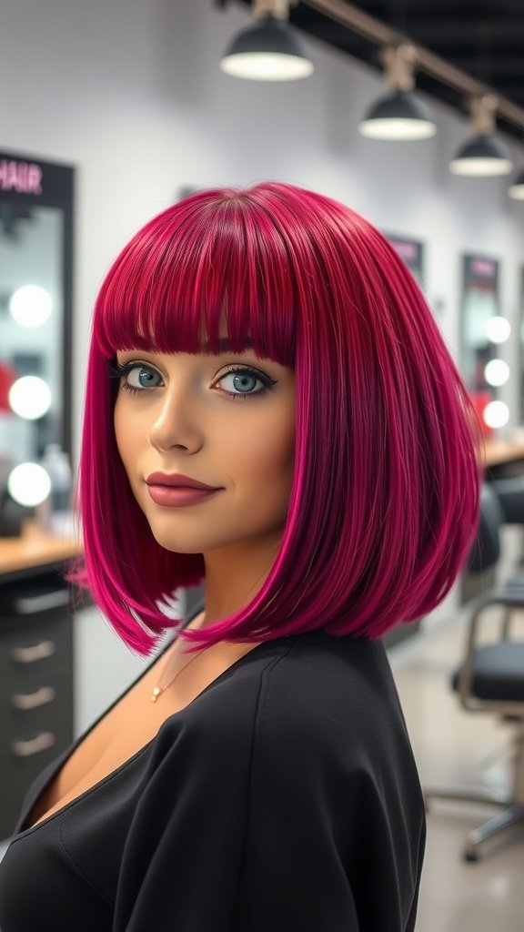 A woman with a vibrant pink bob hairstyle and bold straight across bangs, looking confidently at the camera.