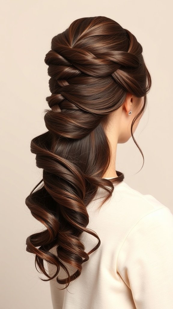 A beautiful chocolate brown twisted half updo hairstyle with cascading curls.
