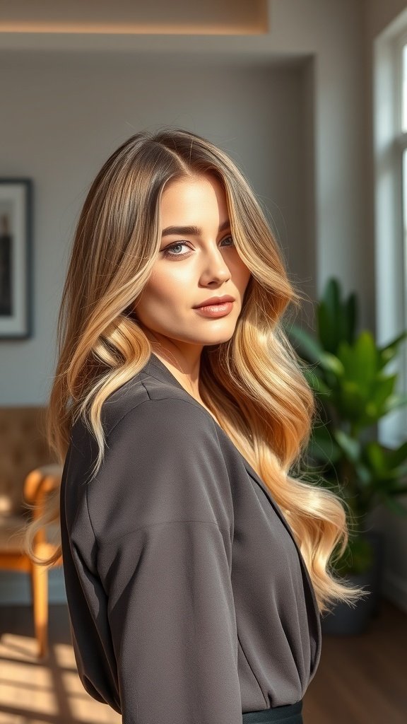 A woman with classic blonde hair featuring warm brown lowlights, styled in soft waves.