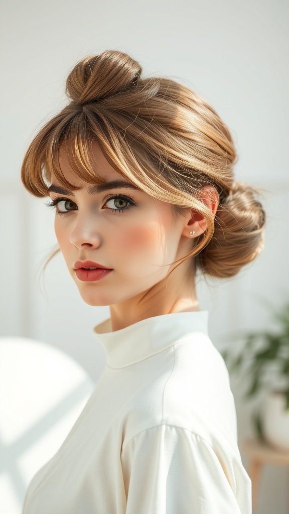 A woman with a classic bun hairstyle featuring wispy bangs and soft tendrils, showcasing a chic and elegant look.