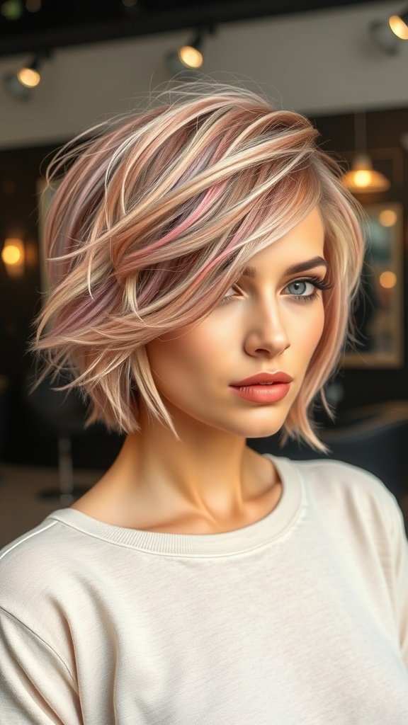 A woman with a modern pixie haircut featuring soft layers and blended colors, looking stylish and confident.