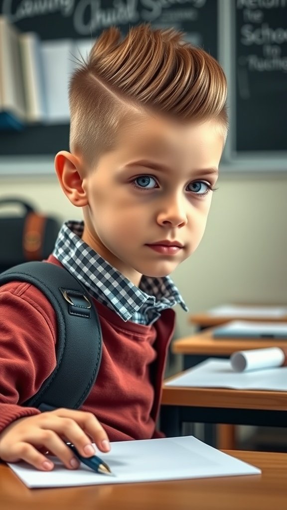 A young boy with a comb-over haircut and hard part, sitting at a desk in a classroom.