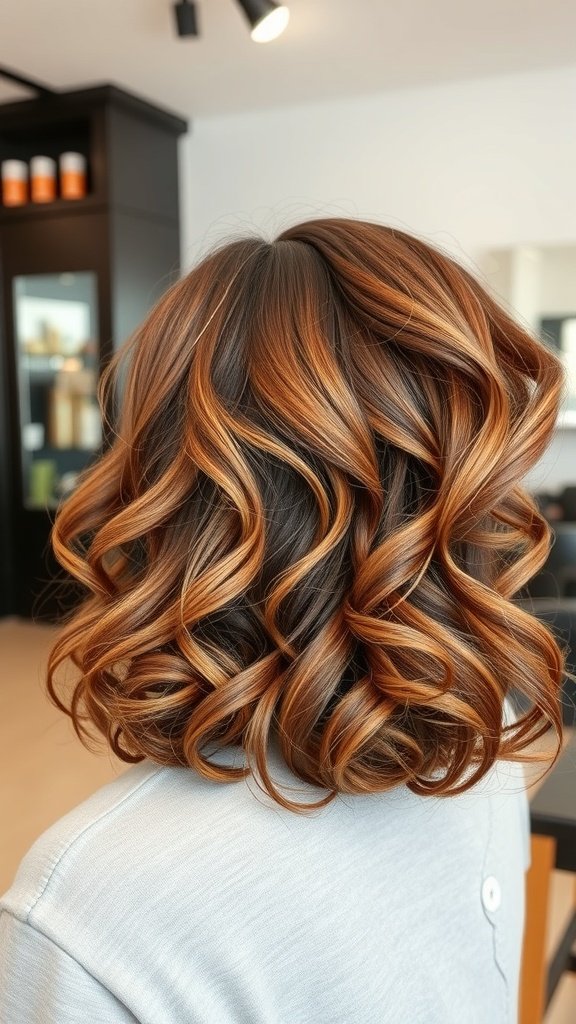 Curly bob hairstyle with cascading layers and warm highlights