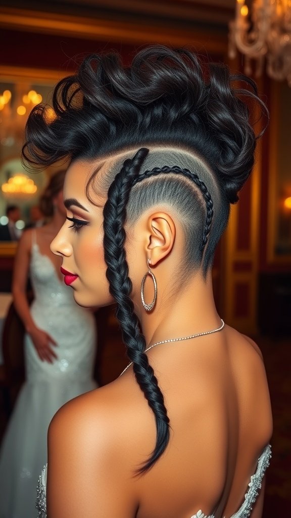 A woman with a curly mohawk hairstyle featuring braided sides, showcasing a unique and stylish look.