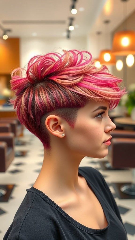 A stylish curly top pixie haircut with an undercut, featuring vibrant pink and blonde colors.