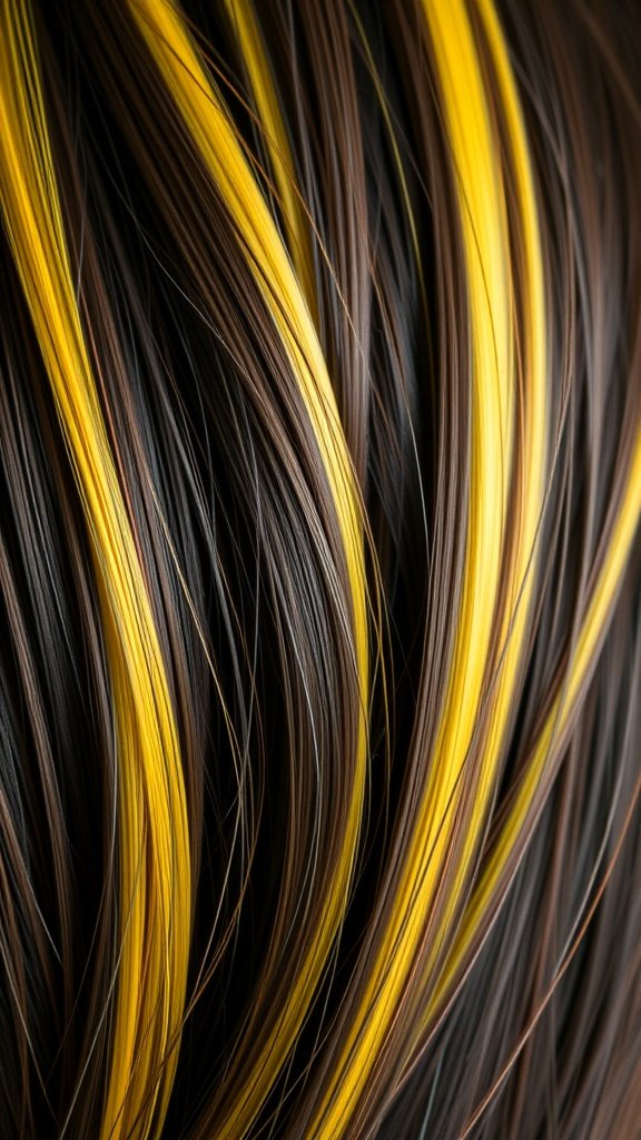 Dark brown hair with vibrant lemon-yellow streaks