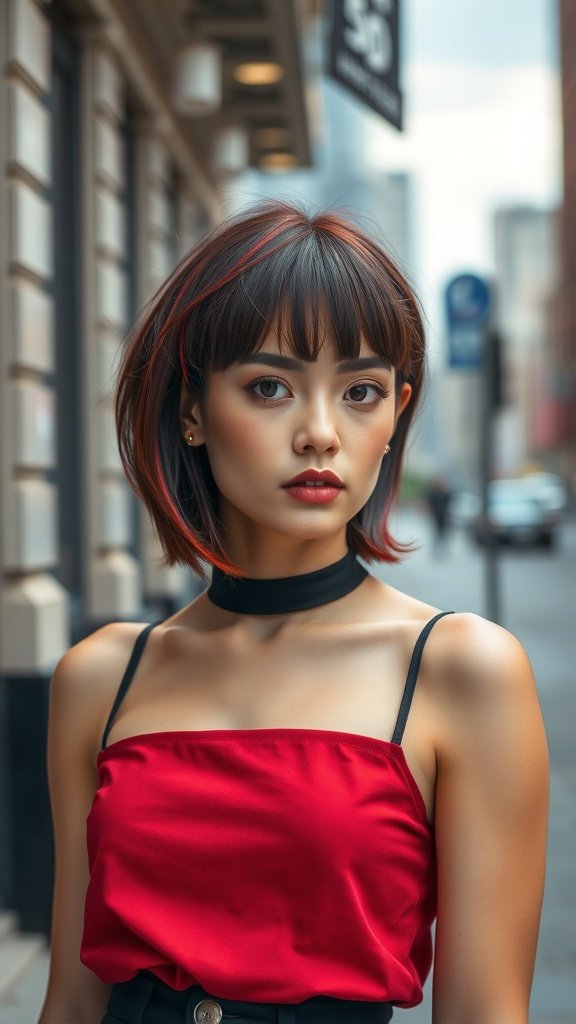 A model with dark hibiscus hair color and short bangs, wearing a red top and a black choker.