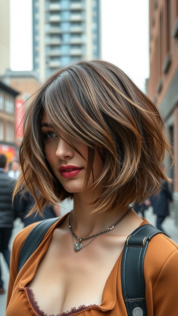 A woman with a dimensional bob hairstyle featuring choppy tousled waves, set against an urban backdrop.