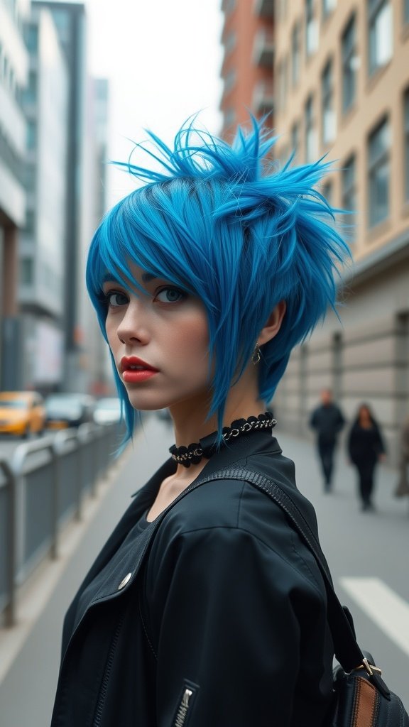 A person with an electric blue shag haircut featuring spiky layers, wearing a black jacket and choker, standing on a city street.