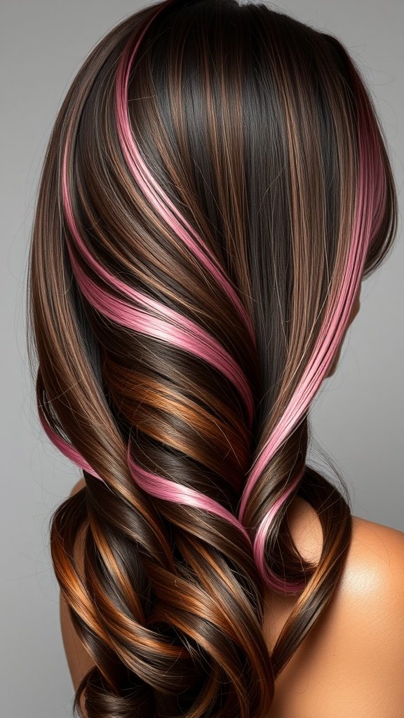 Espresso brown hair with soft pink tips styled in loose curls