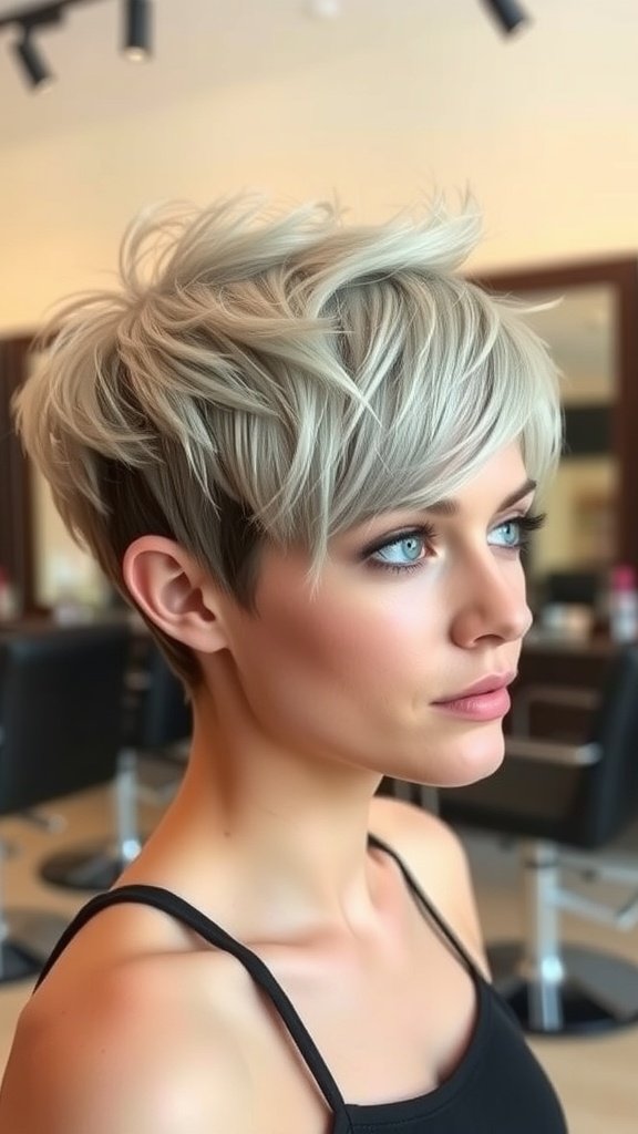 A woman with a feathered pixie haircut and side-swept bangs, showcasing a stylish and modern look.