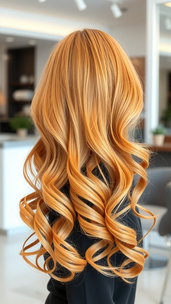 A view of golden apricot curls styled beautifully, showcasing vibrant color and soft waves.