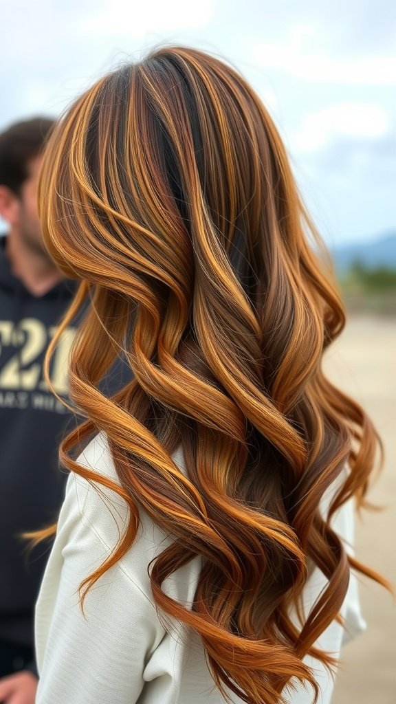 A woman with honey highlighted auburn hair styled in soft waves, showcasing a rich blend of colors.