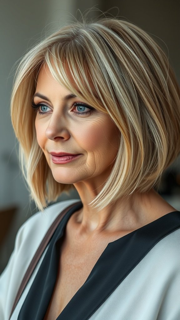 A woman with a layered bob hairstyle featuring face-framing highlights, showcasing a stylish and elegant look.