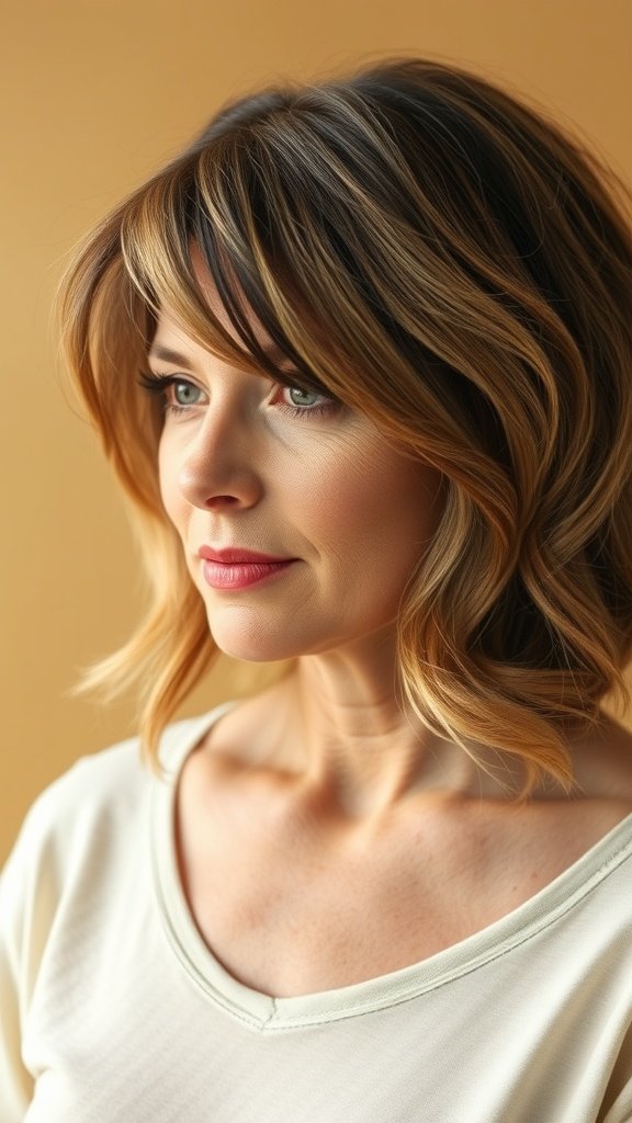A woman with a layered long bob hairstyle, featuring soft layers and subtle highlights, looking elegant and stylish.