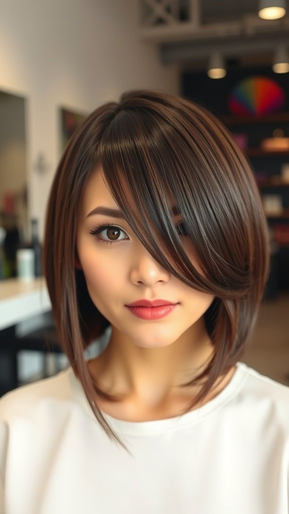 A woman with a lob haircut featuring side-swept bangs, showcasing a modern and stylish look.
