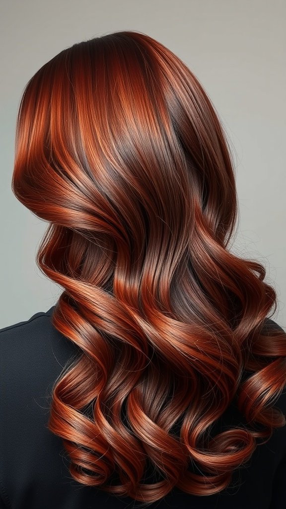 A beautiful hairstyle showcasing a mahogany to auburn color transition with soft curls.