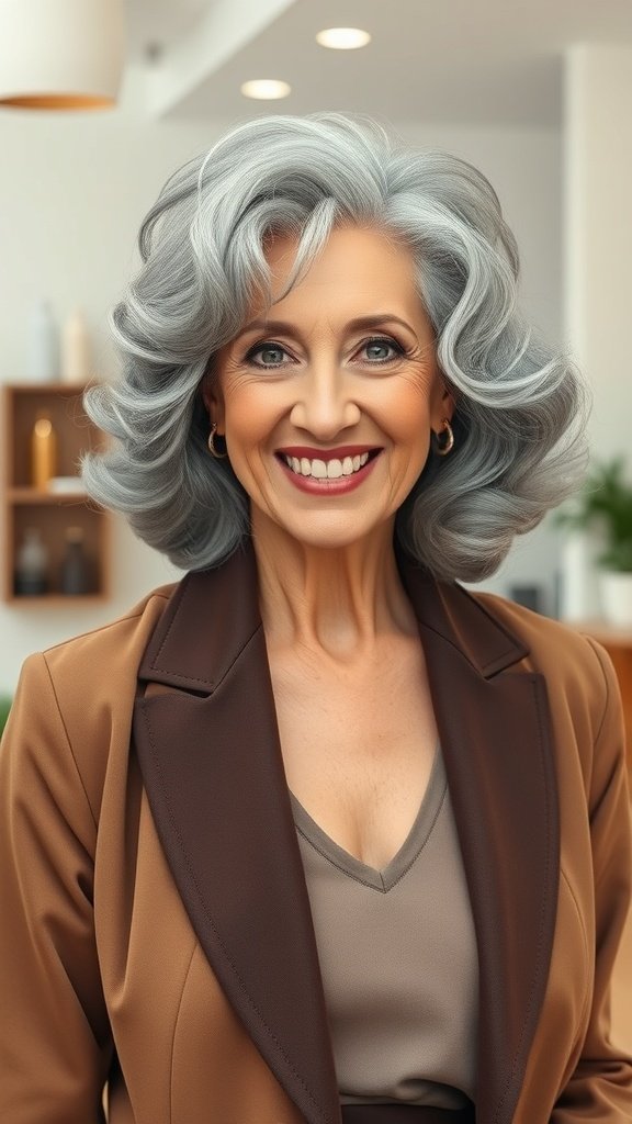 A woman with medium-length voluminous gray curls, smiling confidently in a stylish outfit.
