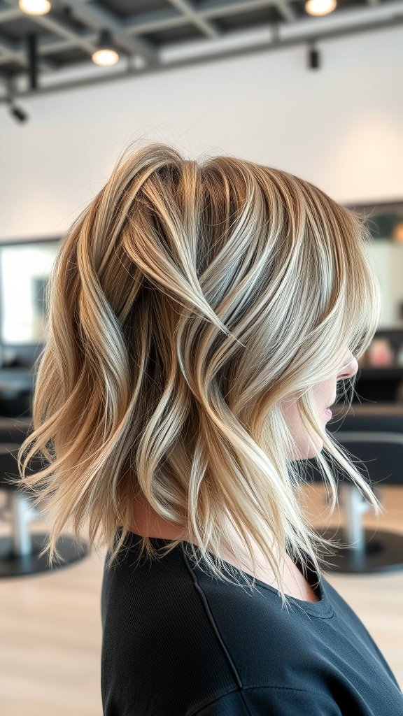 A medium choppy haircut styled with soft waves, showcasing volume and texture for fine hair.