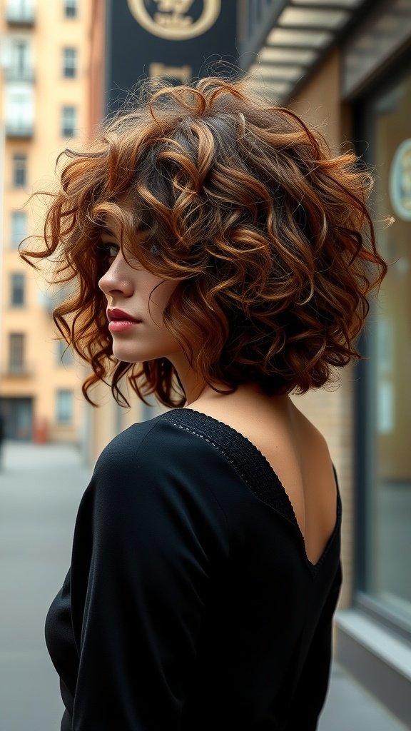 A woman with a messy shoulder-length curly bob hairstyle, showcasing bouncy curls and a playful vibe.