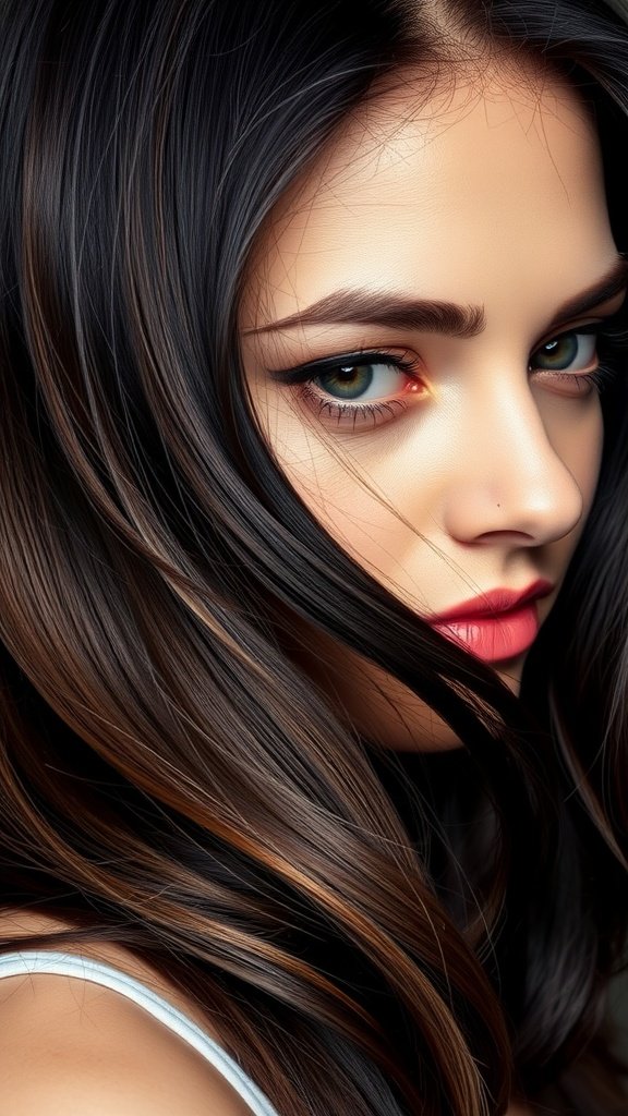 A close-up of a woman with chestnut hair featuring midnight blue accents, showcasing a striking contrast.