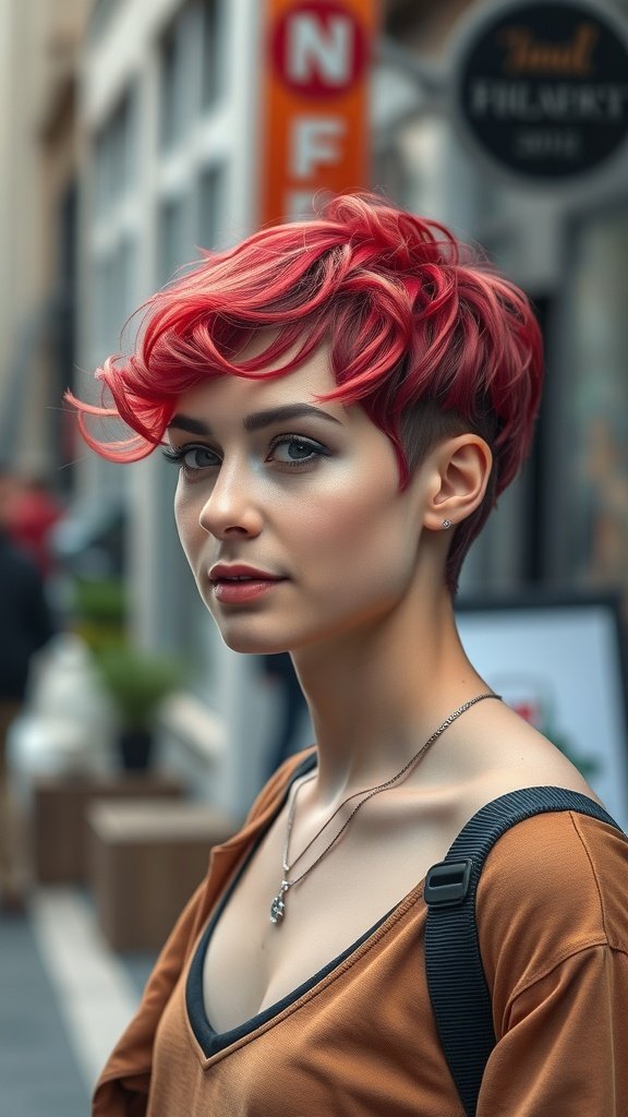 A woman with a pixie hairstyle featuring curly bangs and an undercut, showcasing a vibrant color.