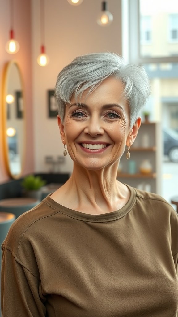 A smiling older woman with a stylish pixie haircut featuring flicked ends, wearing a brown top in a cozy setting.