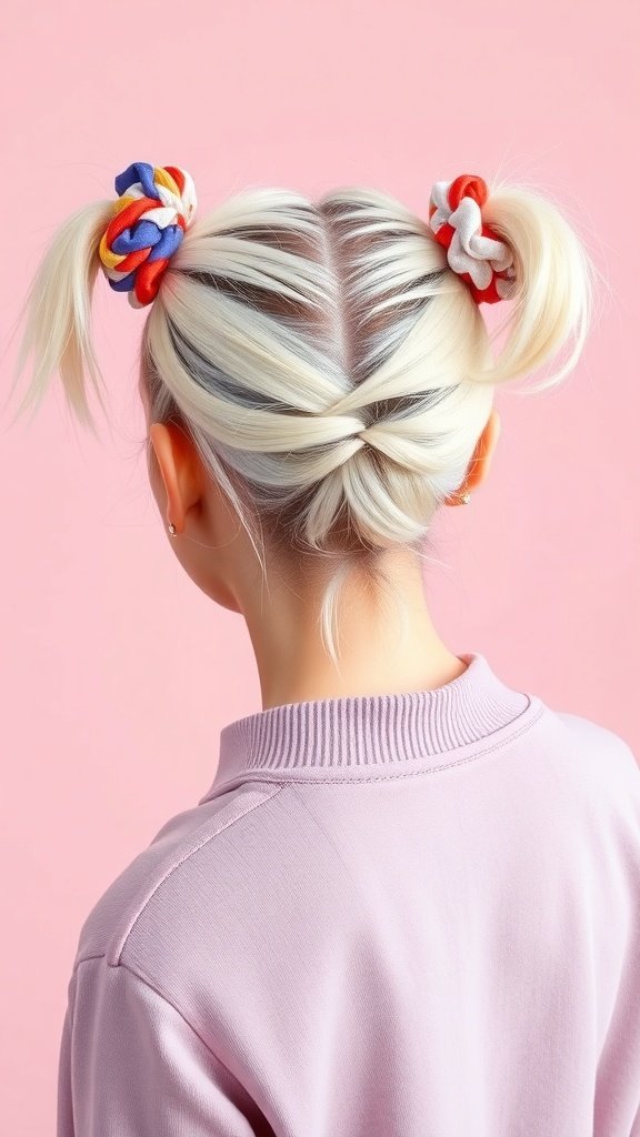 A person with platinum blonde pigtails secured with colorful scrunchies against a pink background.