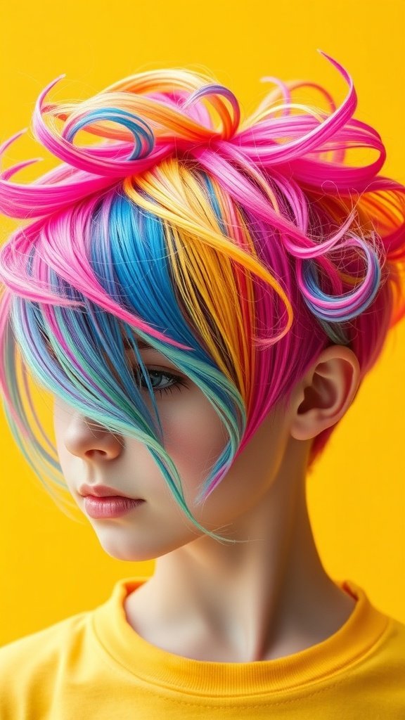 A playful pixie-bixie haircut featuring rainbow strands against a bright yellow background.