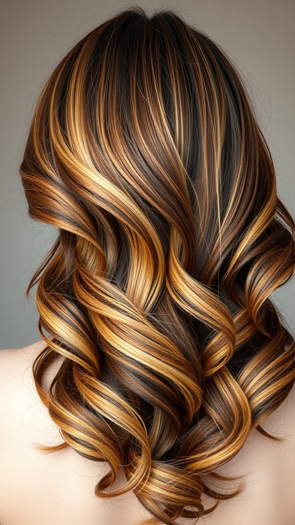 A hairstyle featuring rich brown hair with golden highlights, styled in soft curls.