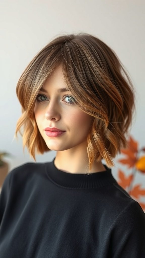 A woman with a rounded bob haircut featuring harmonious layers and warm hair tones.