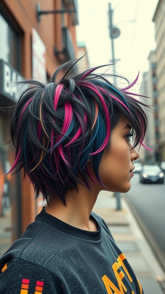 A stylish shag haircut featuring tight coils and vibrant colors.