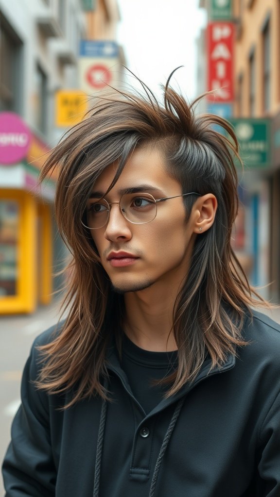 A person with a shaggy mullet hairstyle featuring long sideburns, wearing glasses and a black hoodie, standing in an urban setting.