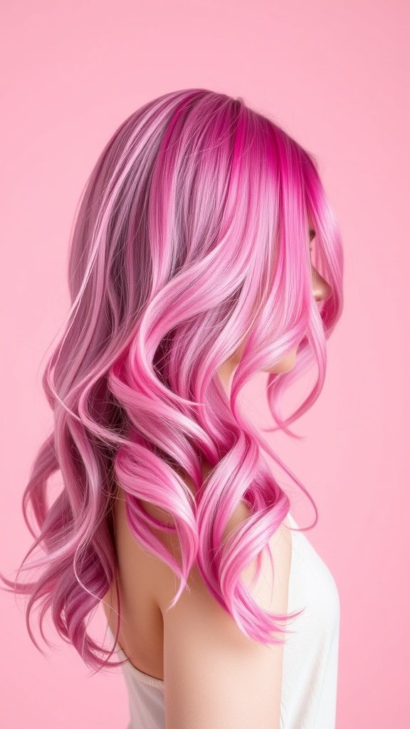 A side view of a person with shimmering peony pink hair styled in loose waves against a pink background.