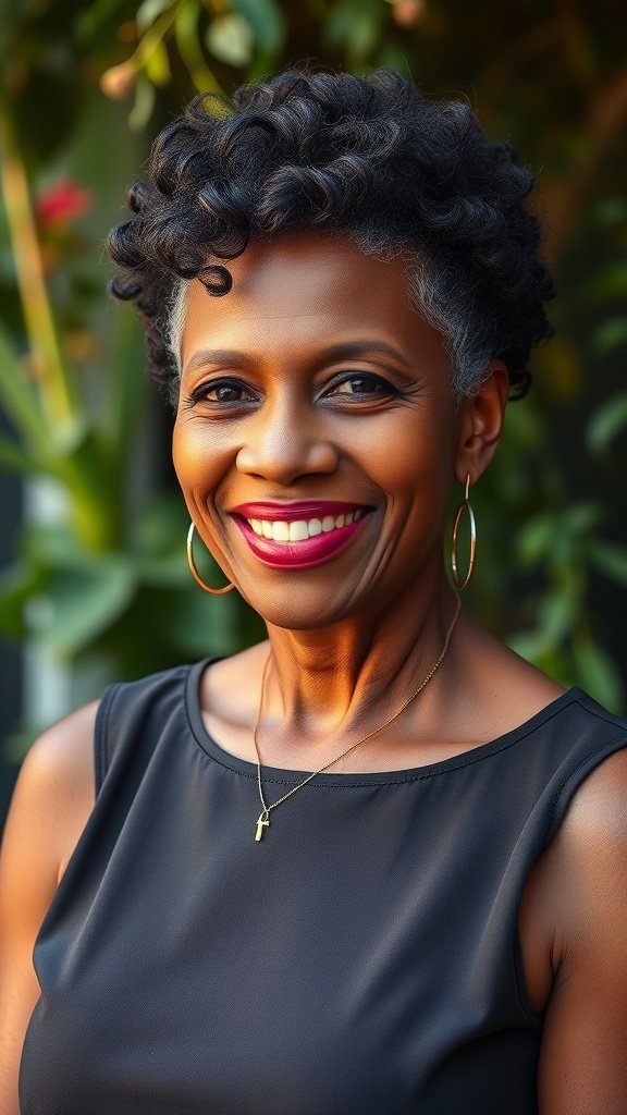 A woman with a short afro hairstyle featuring tapered sides, smiling confidently.