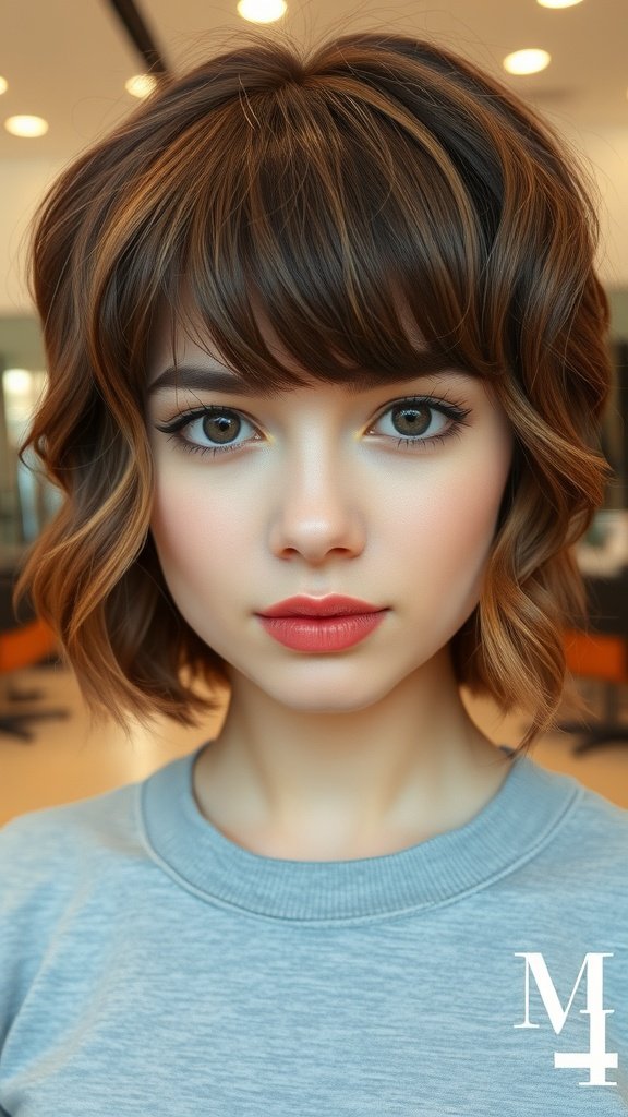 A woman with a short wavy haircut and curtain bangs, showcasing a feminine hairstyle suitable for square faces.