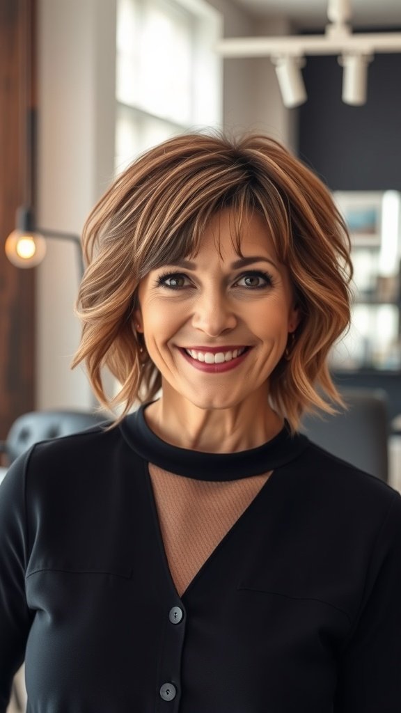 A woman with a short wavy shag hairstyle and bangs, smiling in a modern interior.