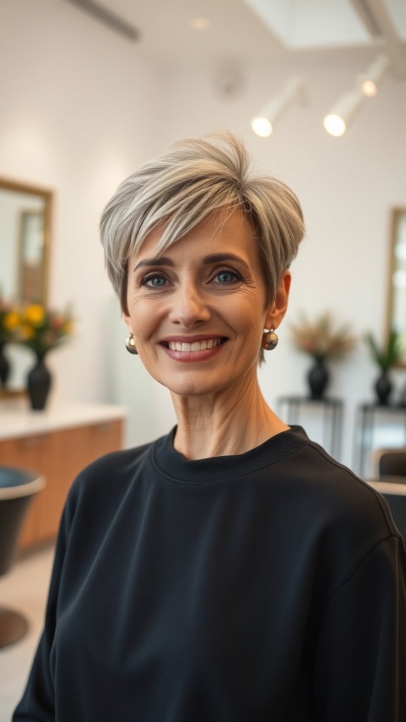 A woman with a sleek pixie hairstyle and arched bangs, smiling confidently.