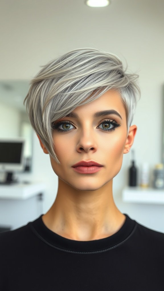 A woman with a sleek side part pixie haircut, featuring a tapered finish, showcasing a modern and chic style.