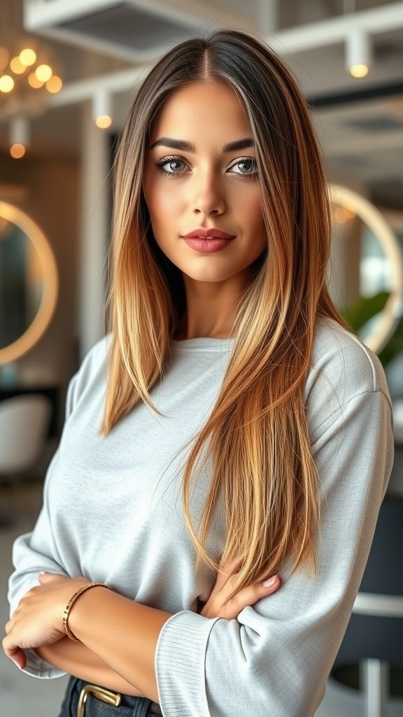 A woman with straight hair featuring soft under layering, showcasing a stylish and modern look.