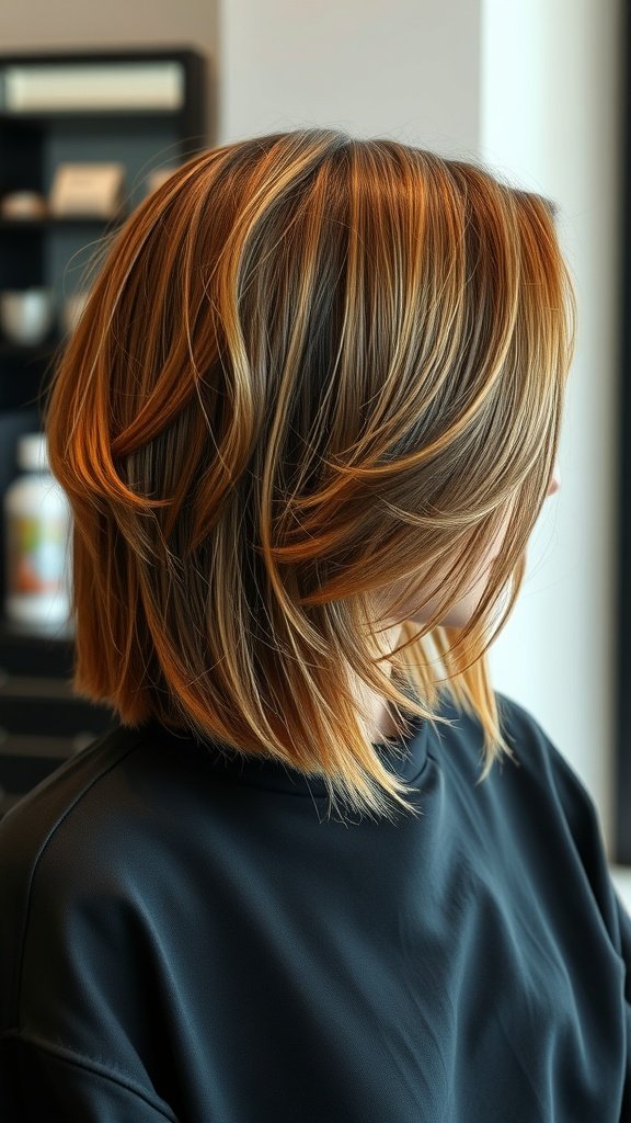 A woman with a textured haircut featuring side-swept layers, showcasing warm tones and a stylish look.