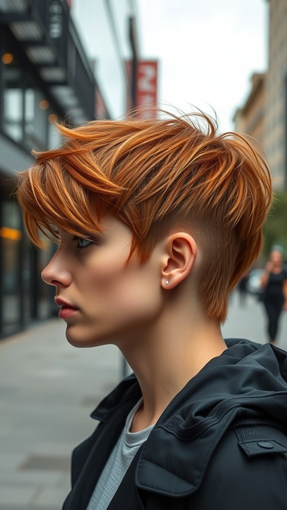 A stylish textured quiff hairstyle with copper tones, showcasing a modern and vibrant look.