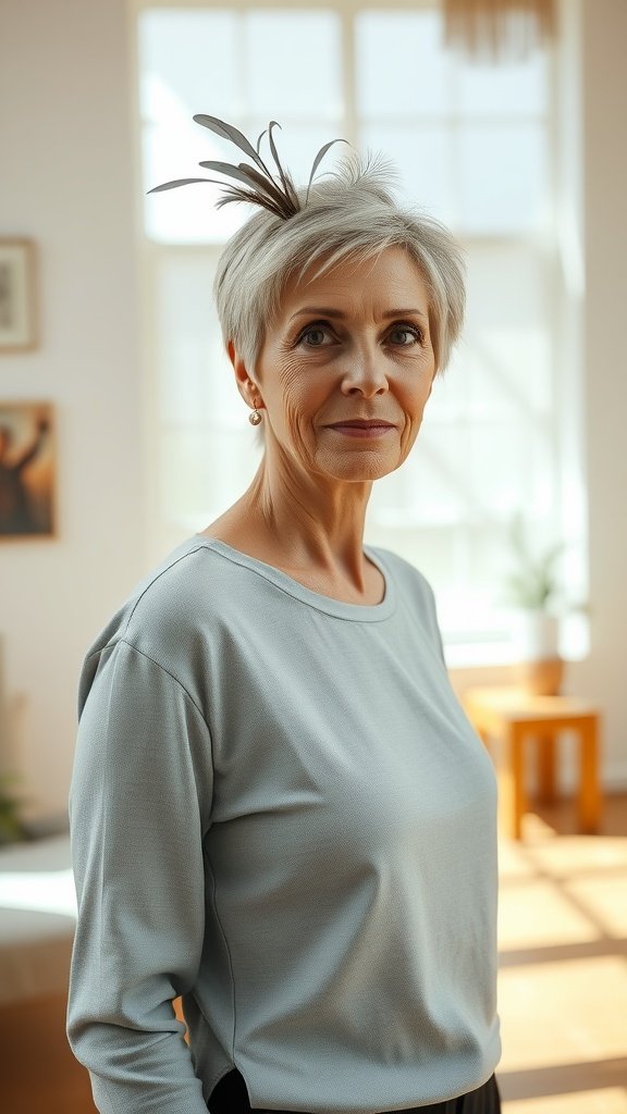 A woman over 50 with a tousled pixie hairstyle featuring a feathered crown, wearing a light blue top and looking confidently at the camera.