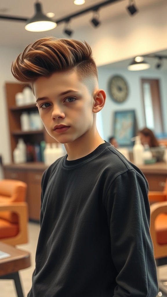 A teenage boy with a voluminous quiff and taper fade hairstyle, looking stylish in a modern salon.