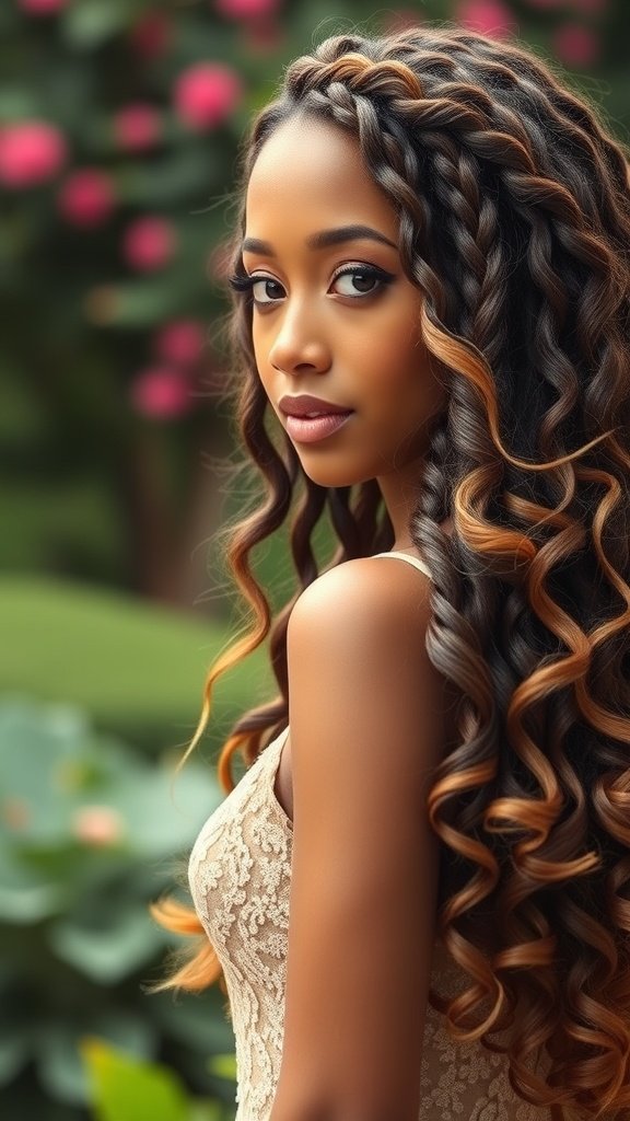 A woman with waterfall curls and an infinity braid, showcasing a beautiful hairstyle.