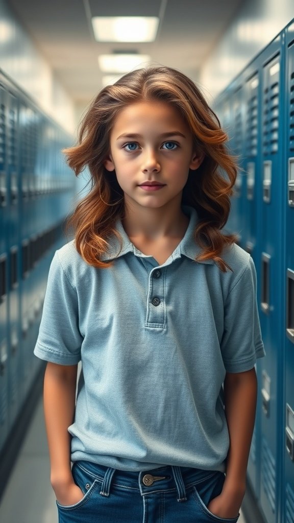 A boy with long wavy hair standing in a school hallway