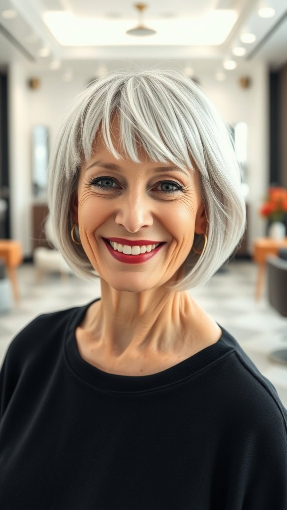 A woman with a bowl cut and micro bangs, smiling confidently.
