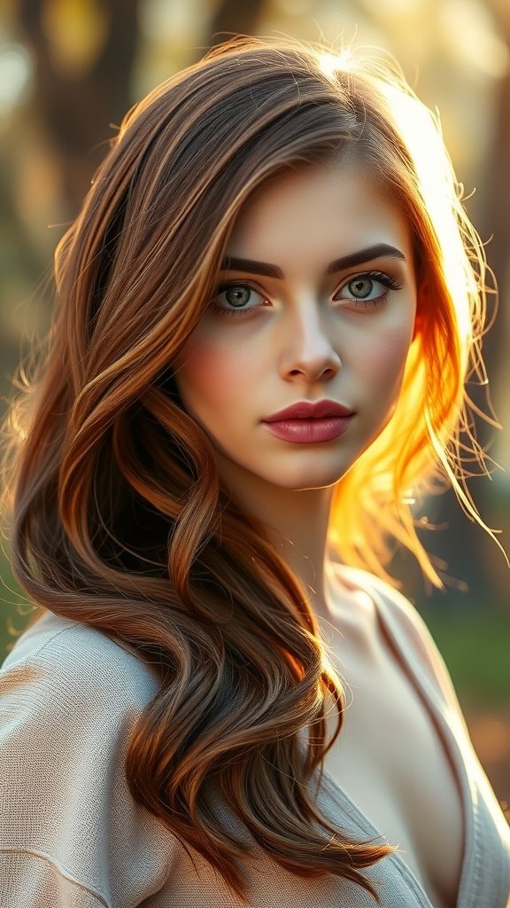 A young woman with bronze seduced auburn hair styled in soft waves, showcasing a radiant glow.